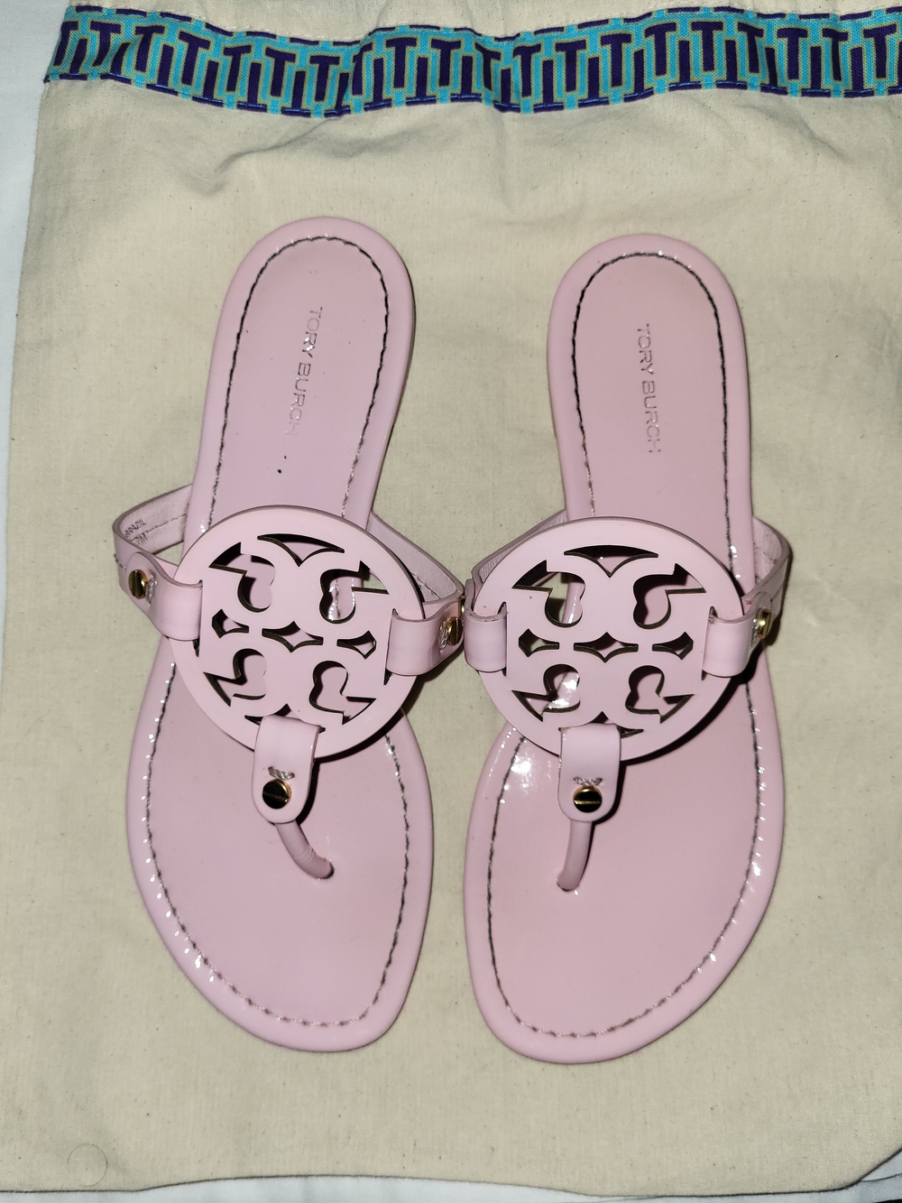 Tory Burch Light Pink Patent Miller Logo Thong Sandals